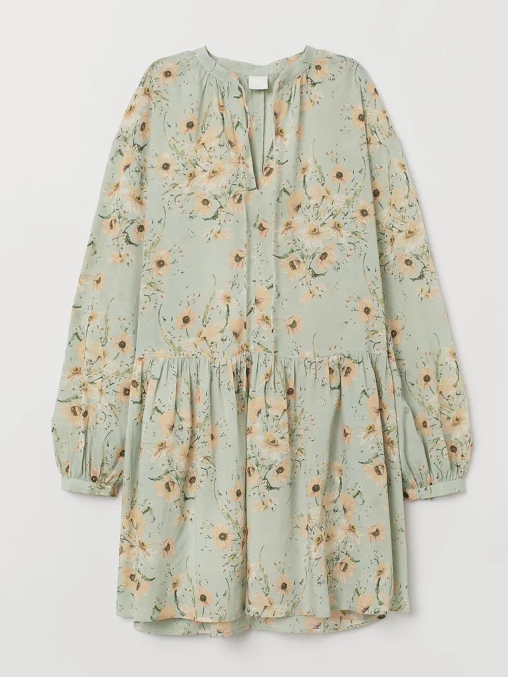 H&M| Sage Green Floral Tie-Front Tiered Long Sleeve Lightweight Mini Dress Sz 8